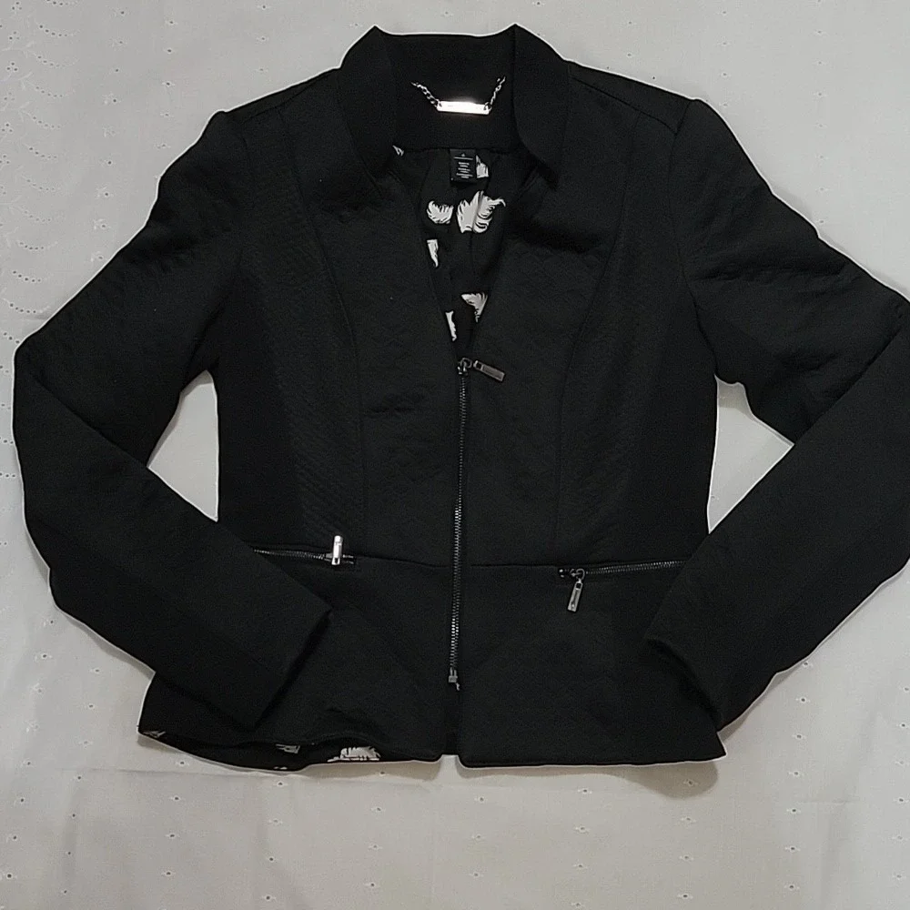 White House Black Market Black Quilted Peplum Zip‎ Up Blazer Jacket Size 6